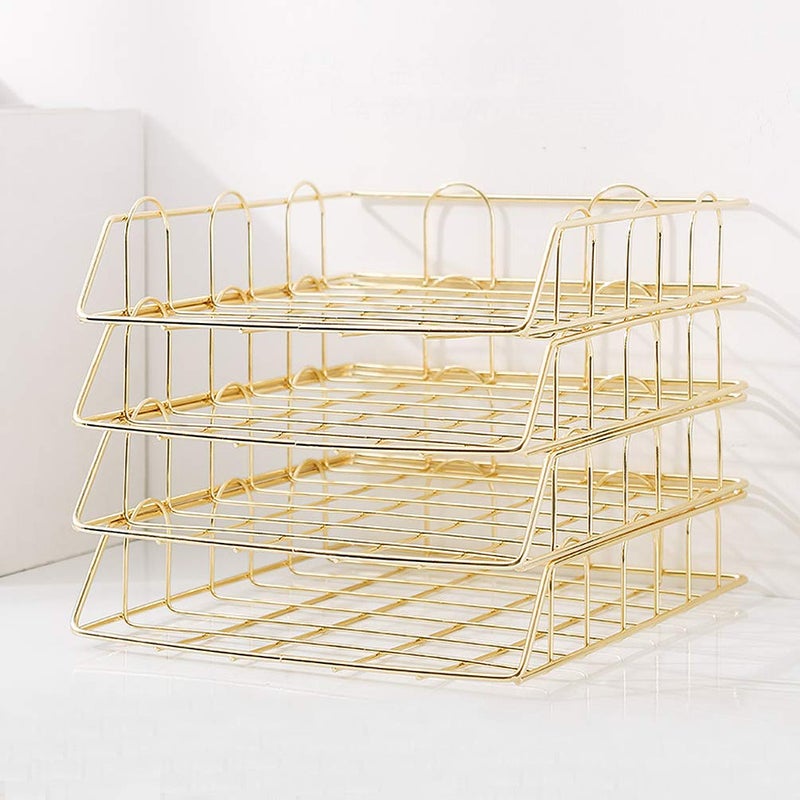 Jolitac Rose Gold 4-Tier Stackable Paper Tray Desk Organizer, Workspace Decorative Stacking Rack Supplies Holder, Metal Letter Trays for File Documents in Home & Office (Gold) - Image 4